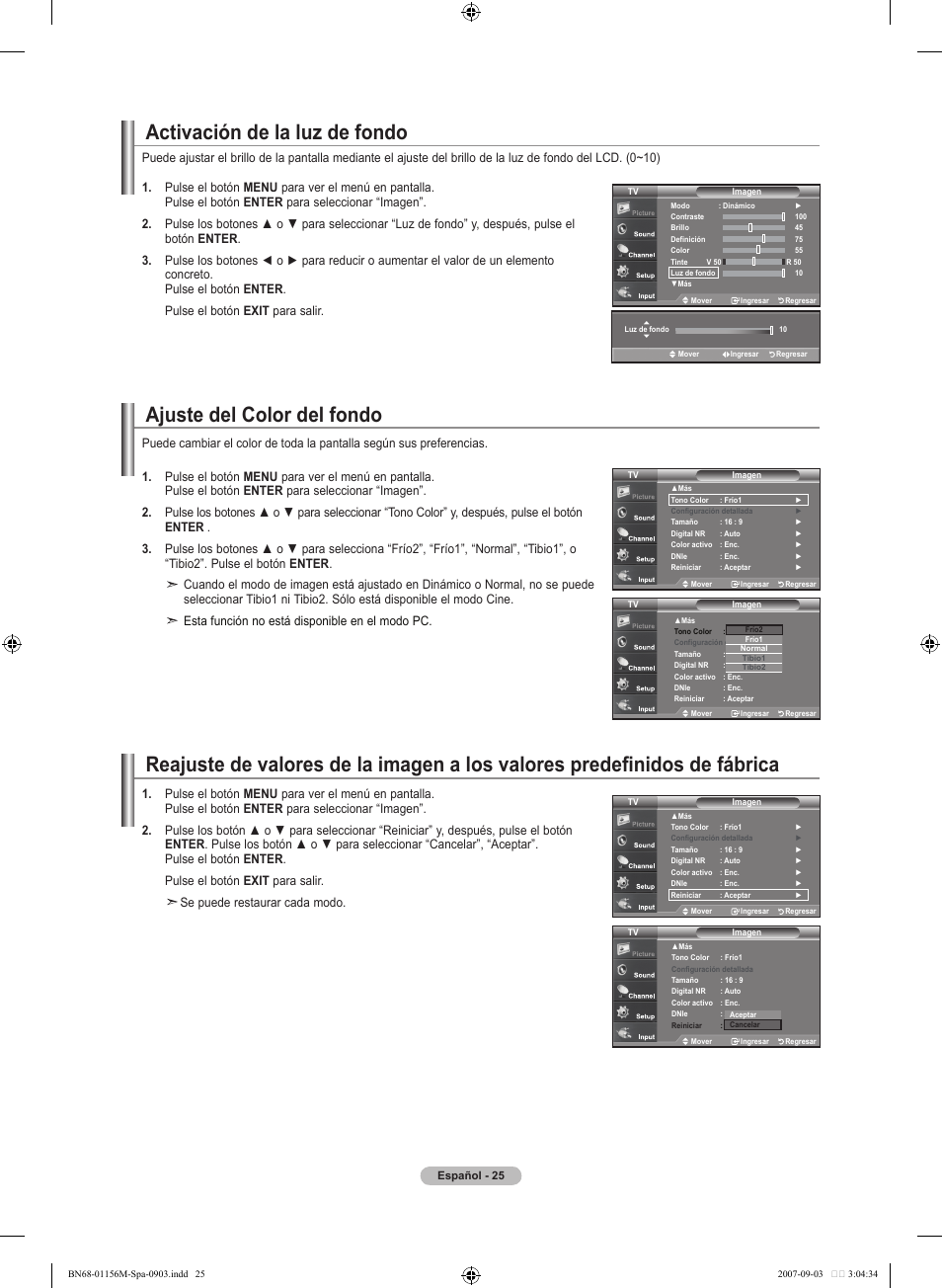 Ajuste del color del fondo, Activación de la luz de fondo | Samsung LNT3753HX-XAA User Manual | Page 96 / 139