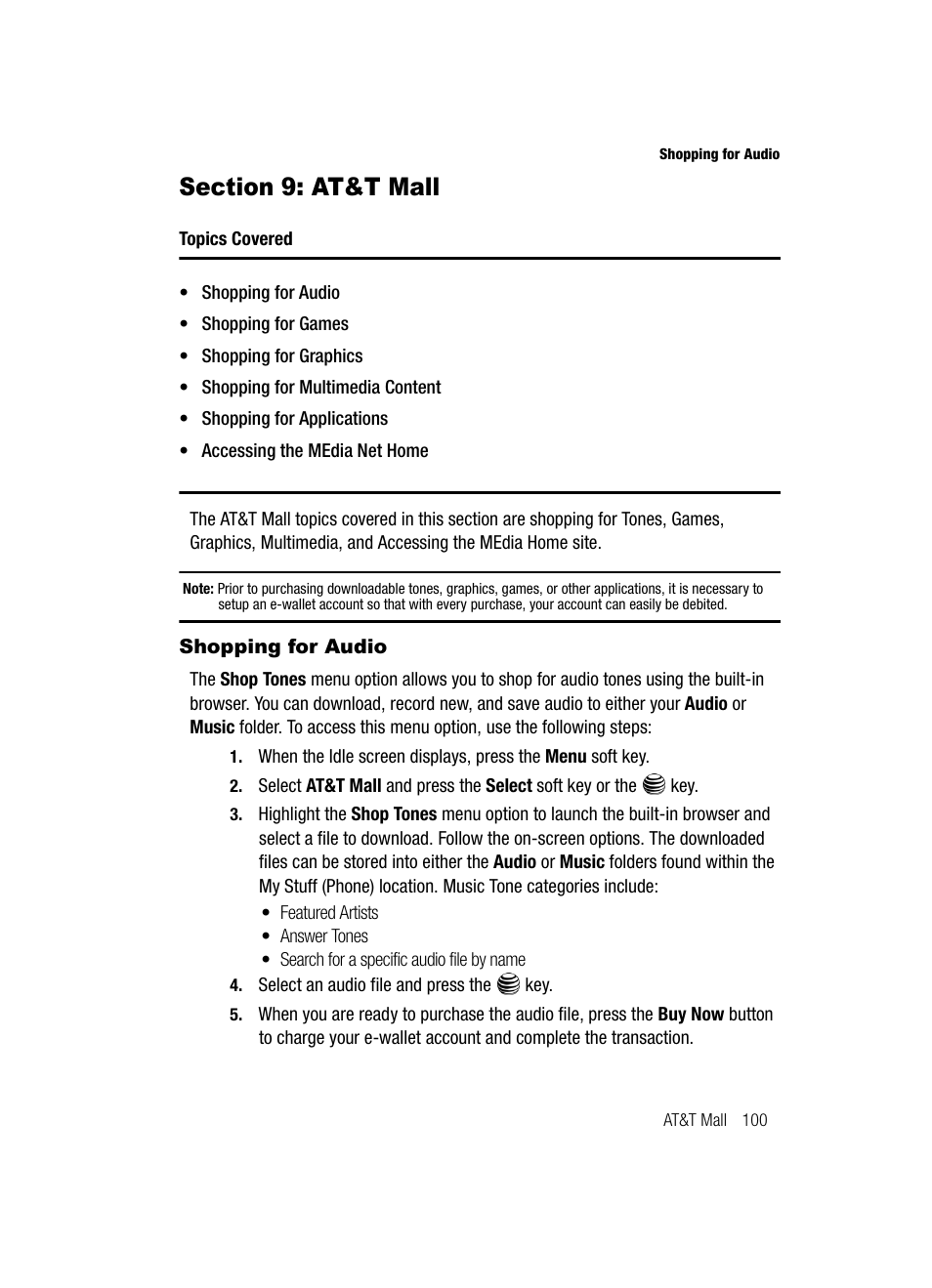 Section 9: at&t mall, Shopping for audio | Samsung SGH-A717ZKAATT User Manual | Page 103 / 188