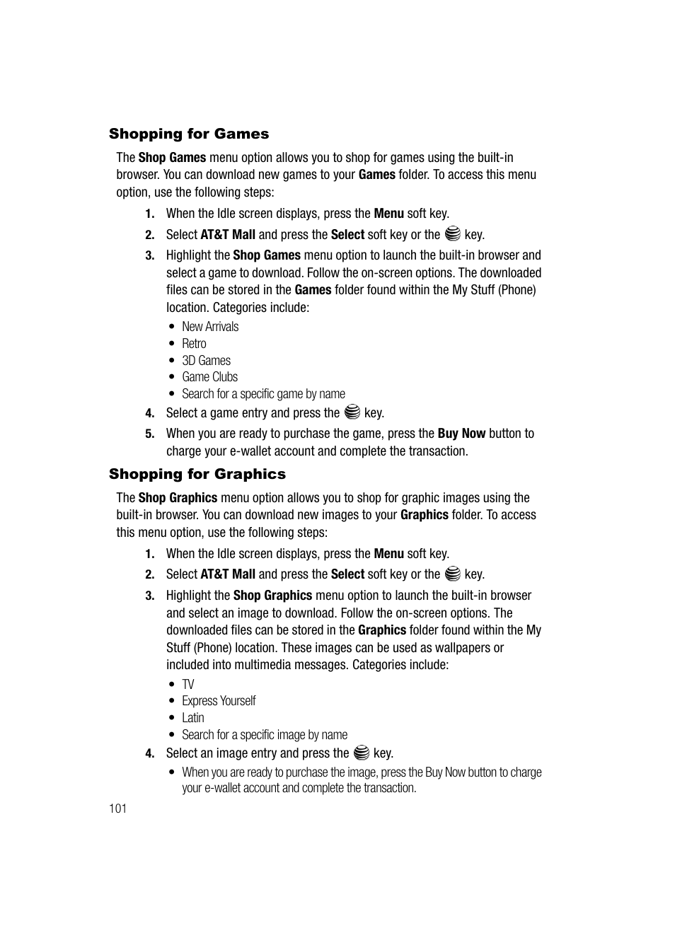 Shopping for games shopping for graphics, Shopping for games, Shopping for graphics | Samsung SGH-A717ZKAATT User Manual | Page 104 / 188