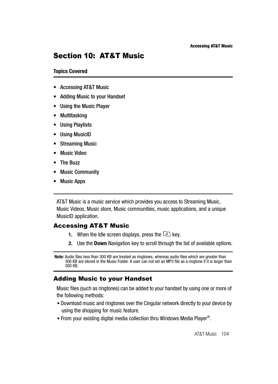 Section 10: at&t music, Accessing at&t music adding music to your handset | Samsung SGH-A717ZKAATT User Manual | Page 107 / 188