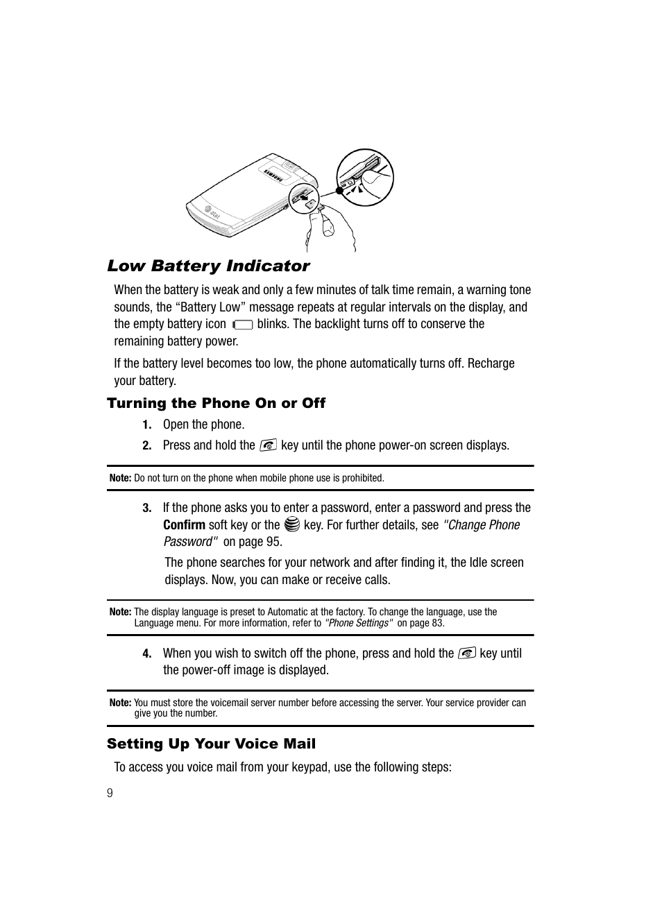 Turning the phone on or off, Setting up your voice mail, Low battery indicator | Samsung SGH-A717ZKAATT User Manual | Page 12 / 188
