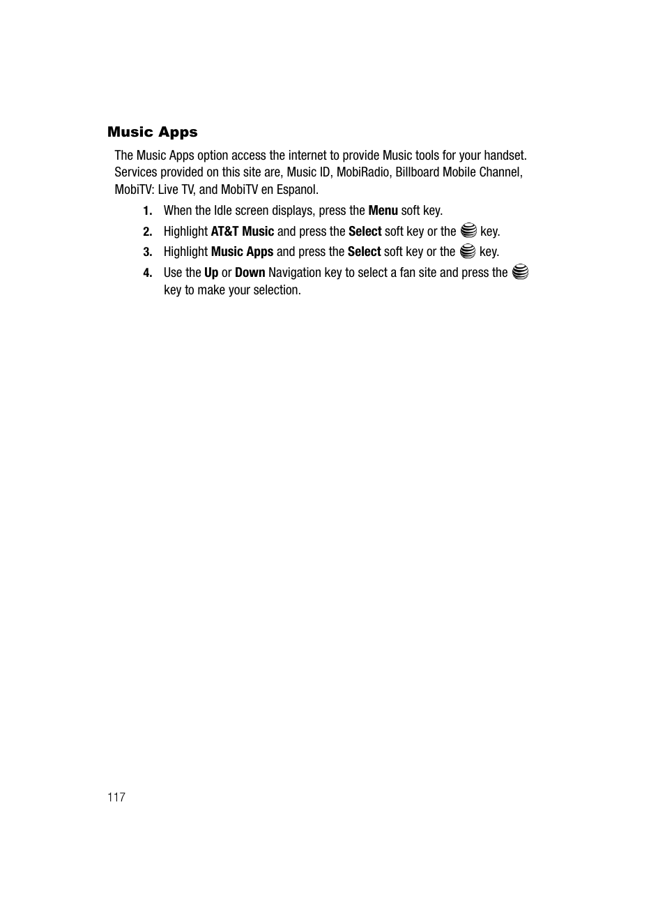 Music apps | Samsung SGH-A717ZKAATT User Manual | Page 120 / 188