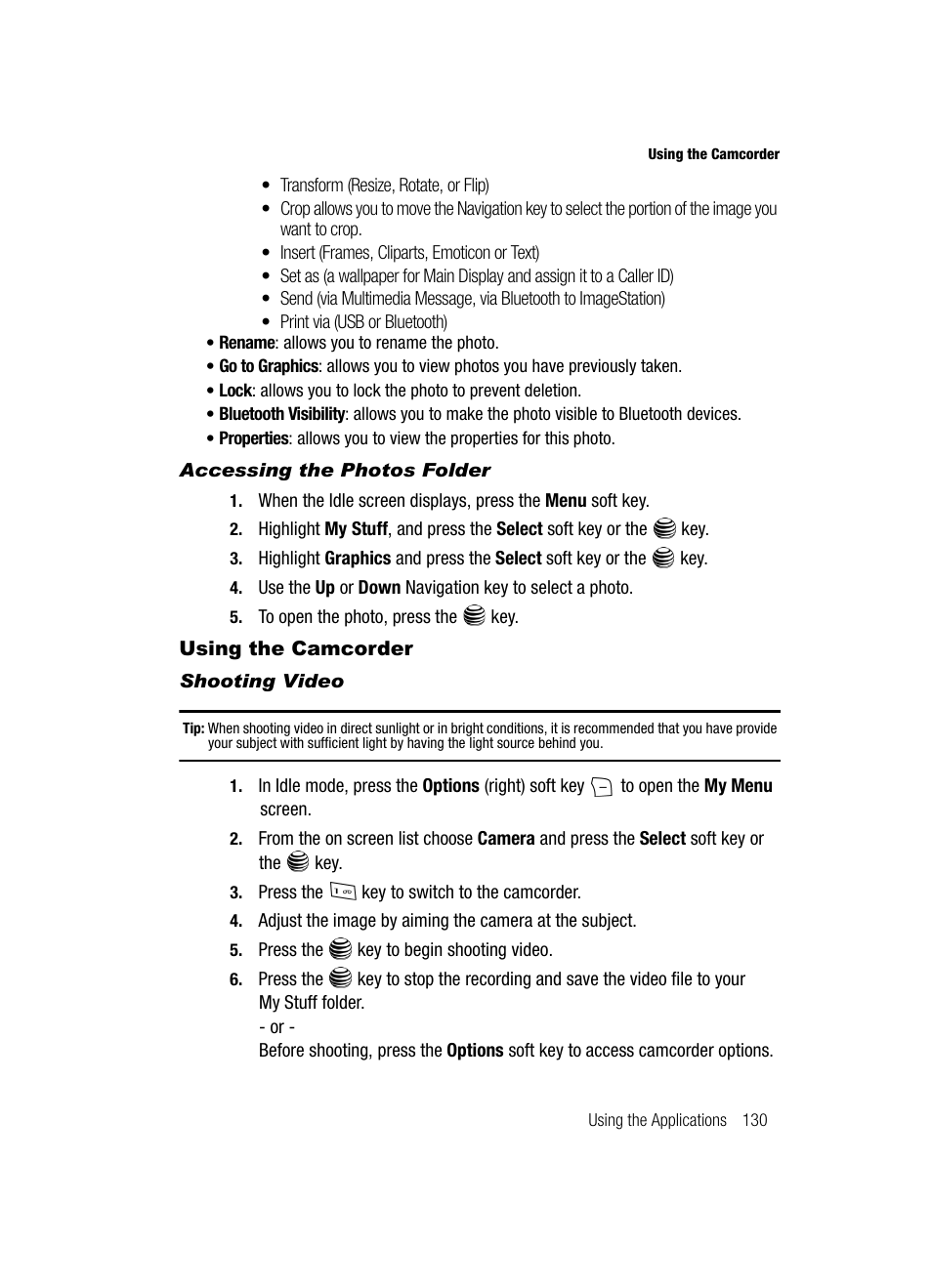 Using the camcorder | Samsung SGH-A717ZKAATT User Manual | Page 133 / 188