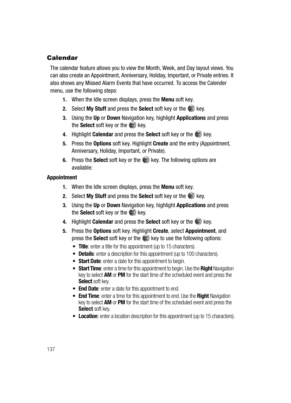 Calendar | Samsung SGH-A717ZKAATT User Manual | Page 140 / 188