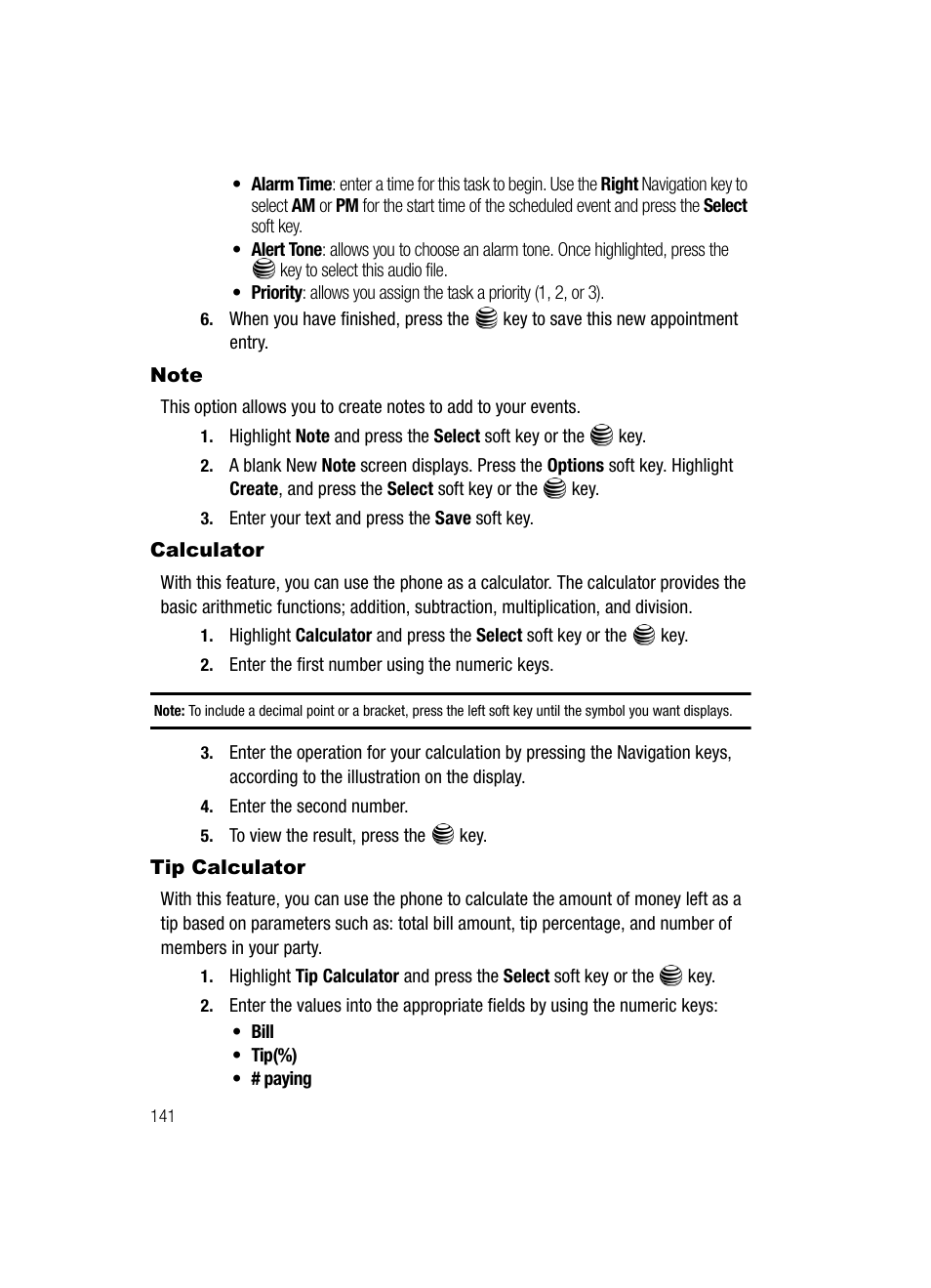 Note calculator tip calculator, Note, Calculator | Tip calculator | Samsung SGH-A717ZKAATT User Manual | Page 144 / 188