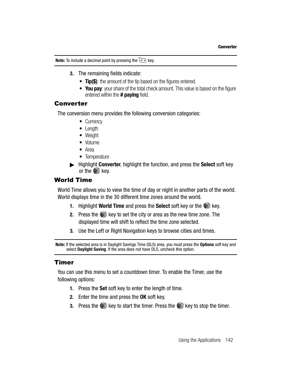 Converter world time timer, Converter, World time | Timer | Samsung SGH-A717ZKAATT User Manual | Page 145 / 188