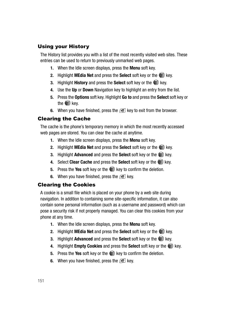 Using your history, Clearing the cache, Clearing the cookies | Samsung SGH-A717ZKAATT User Manual | Page 154 / 188