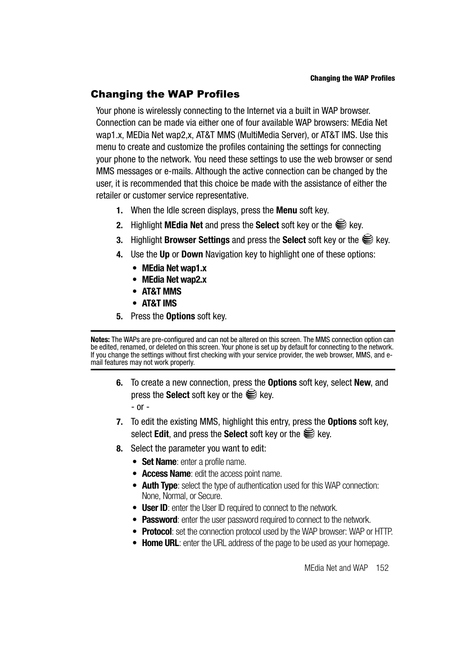 Changing the wap profiles | Samsung SGH-A717ZKAATT User Manual | Page 155 / 188