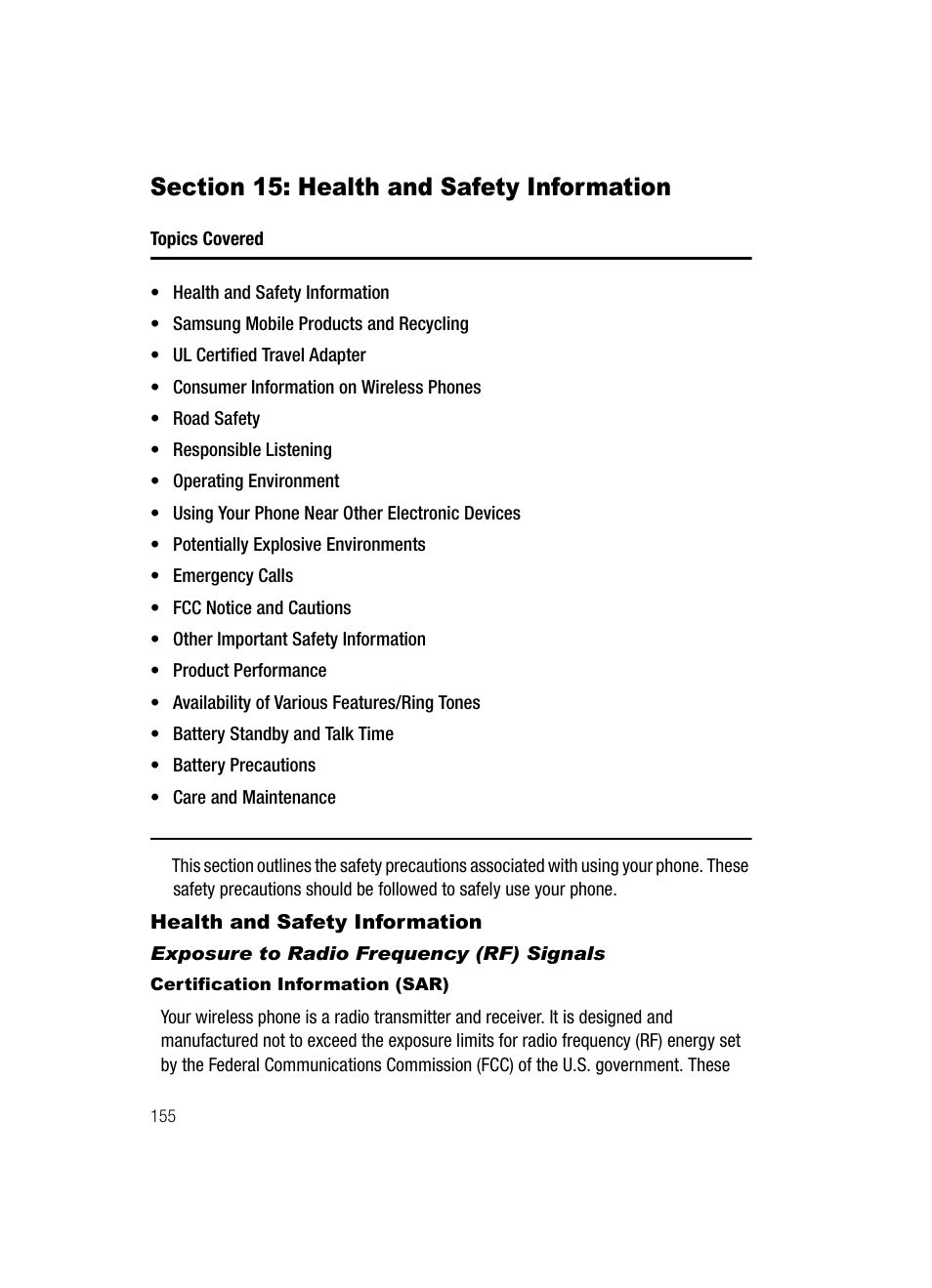 Section 15: health and safety information, Health and safety information | Samsung SGH-A717ZKAATT User Manual | Page 158 / 188