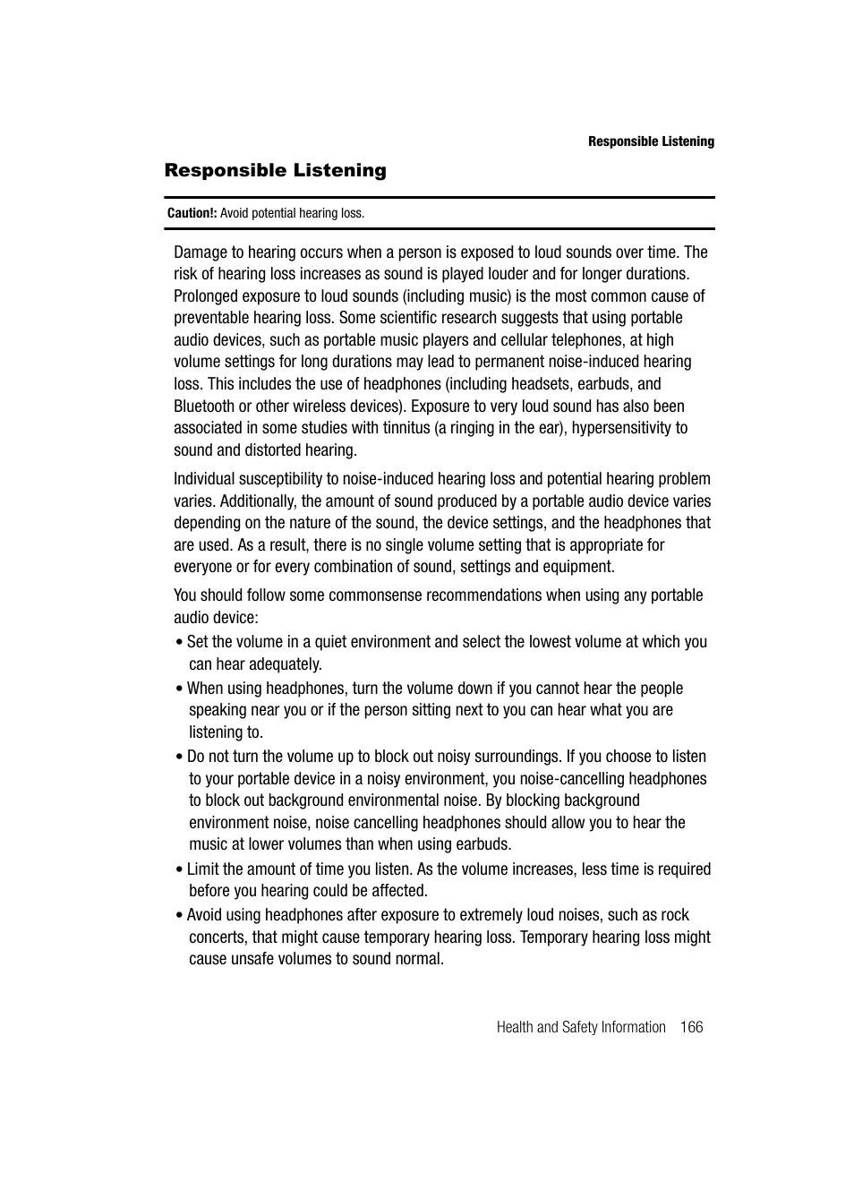 Responsible listening | Samsung SGH-A717ZKAATT User Manual | Page 169 / 188