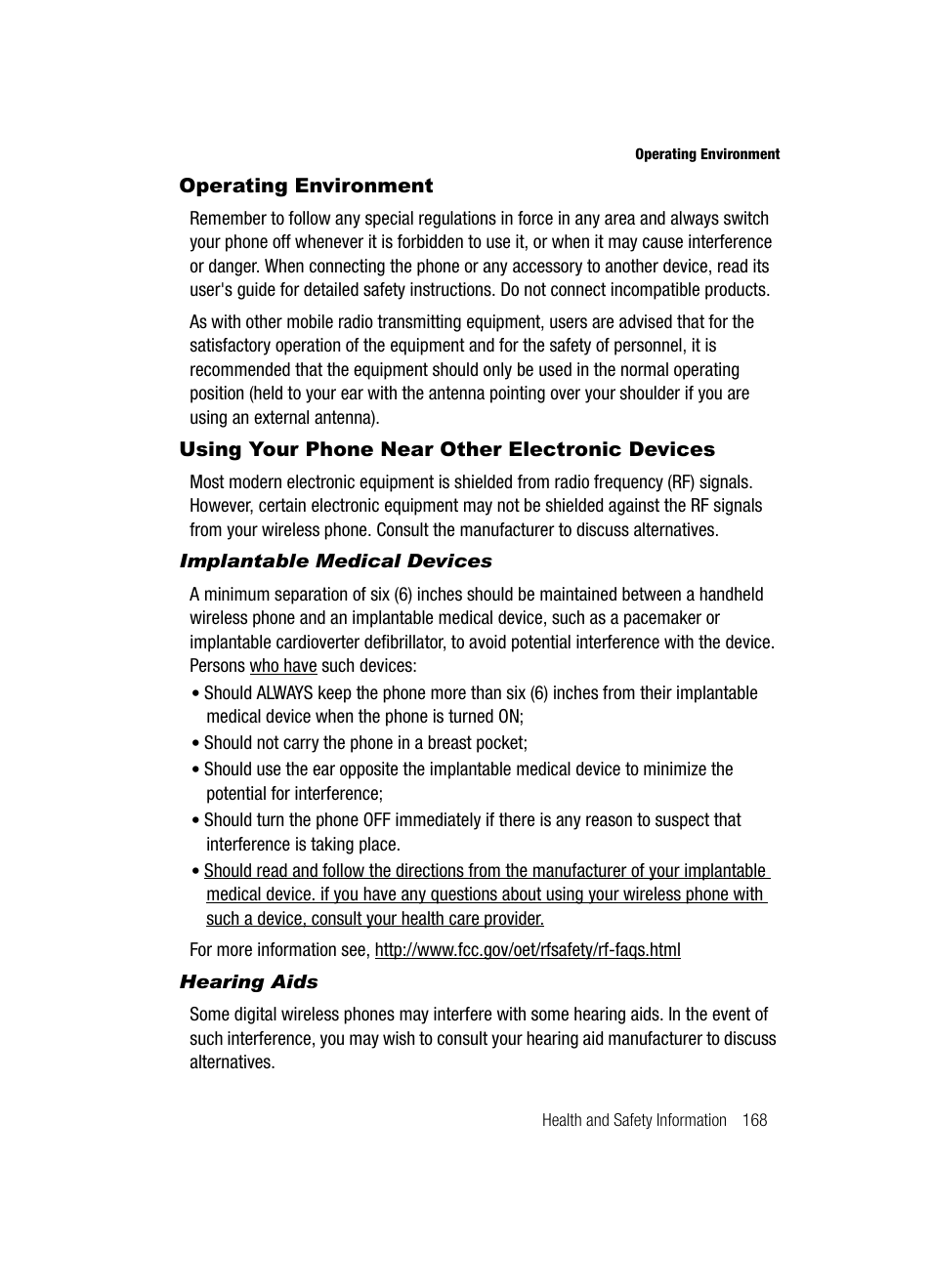 Operating environment, Using your phone near other electronic devices | Samsung SGH-A717ZKAATT User Manual | Page 171 / 188