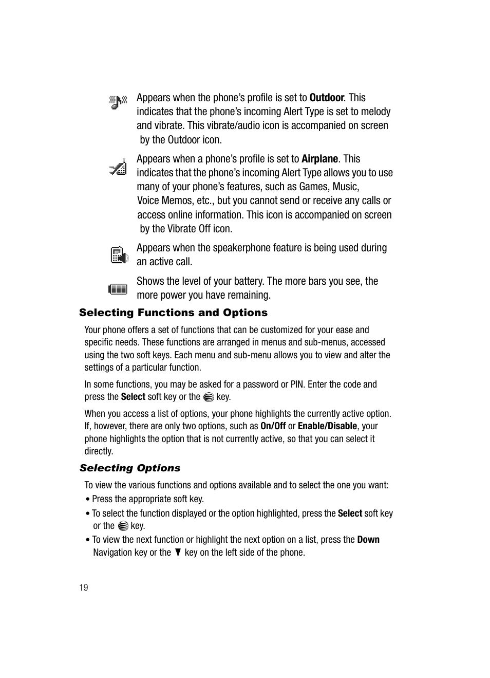 Selecting functions and options | Samsung SGH-A717ZKAATT User Manual | Page 22 / 188