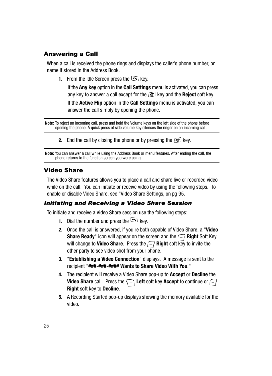 Answering a call video share, Answering a call, Video share | Samsung SGH-A717ZKAATT User Manual | Page 28 / 188