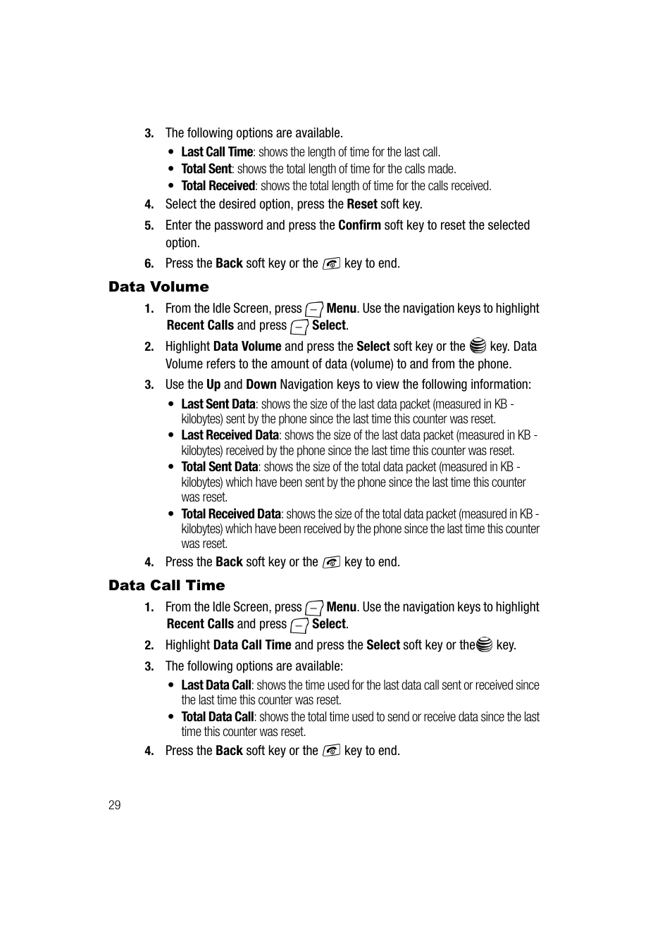 Data volume data call time, Data volume, Data call time | Samsung SGH-A717ZKAATT User Manual | Page 32 / 188