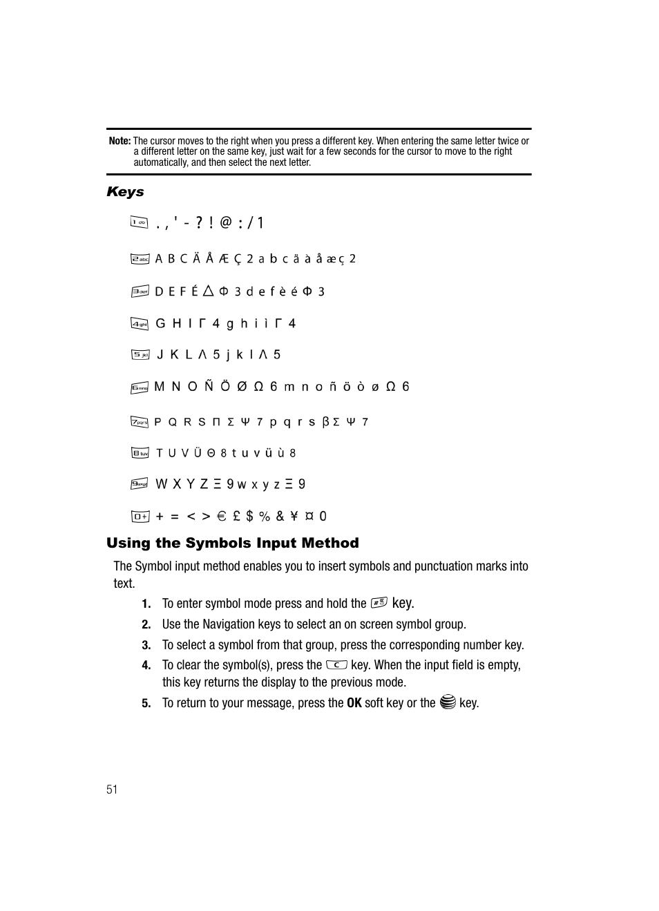 Using the symbols input method | Samsung SGH-A717ZKAATT User Manual | Page 54 / 188