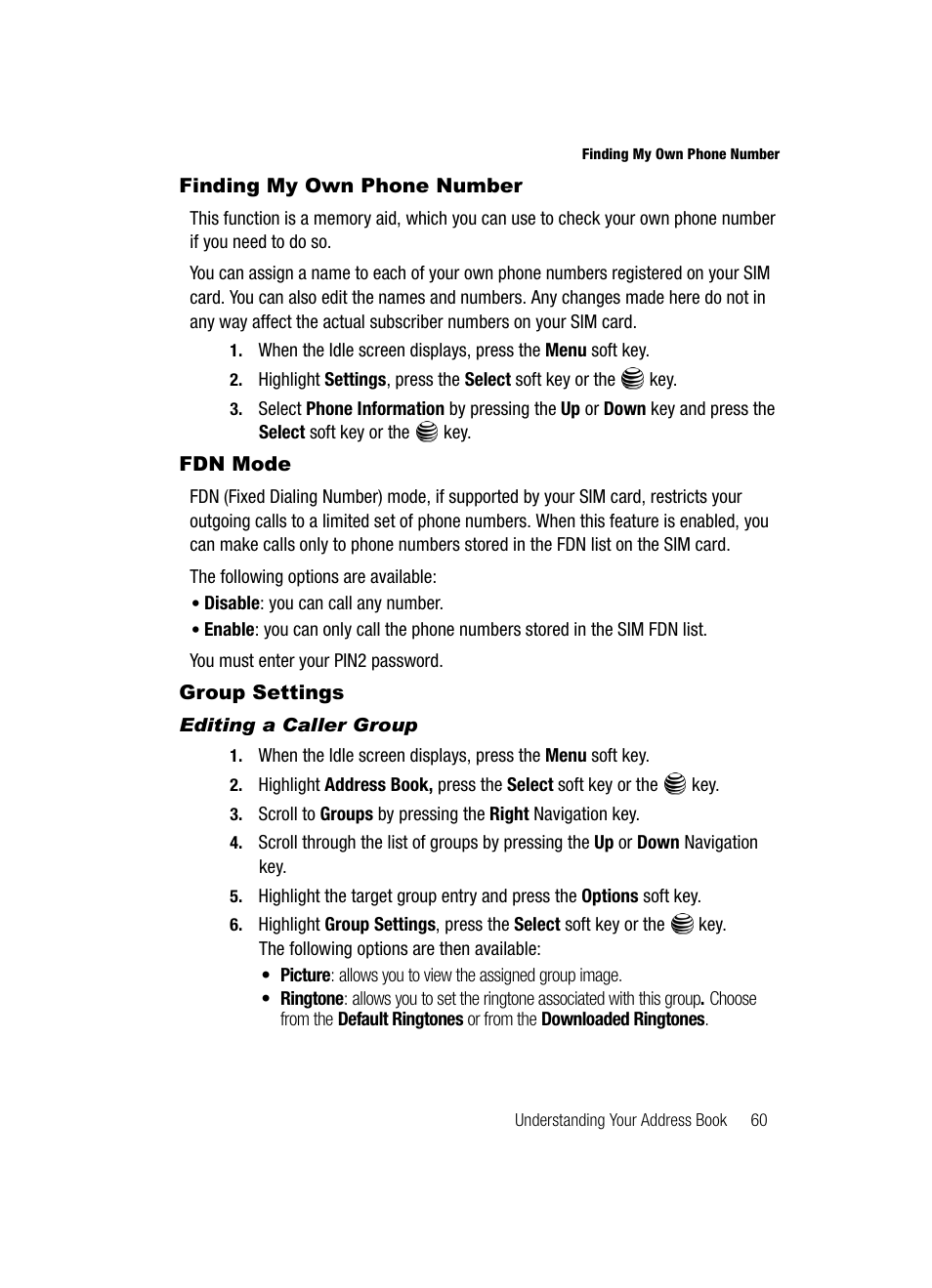 Finding my own phone number fdn mode, Group settings, Finding my own phone number | Fdn mode | Samsung SGH-A717ZKAATT User Manual | Page 63 / 188