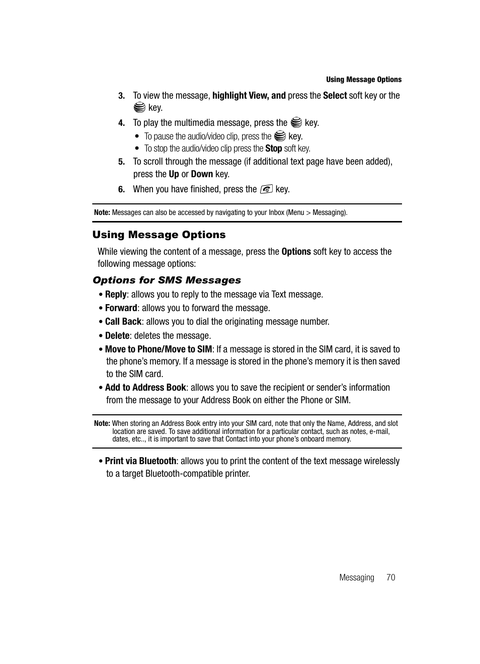 Using message options | Samsung SGH-A717ZKAATT User Manual | Page 73 / 188