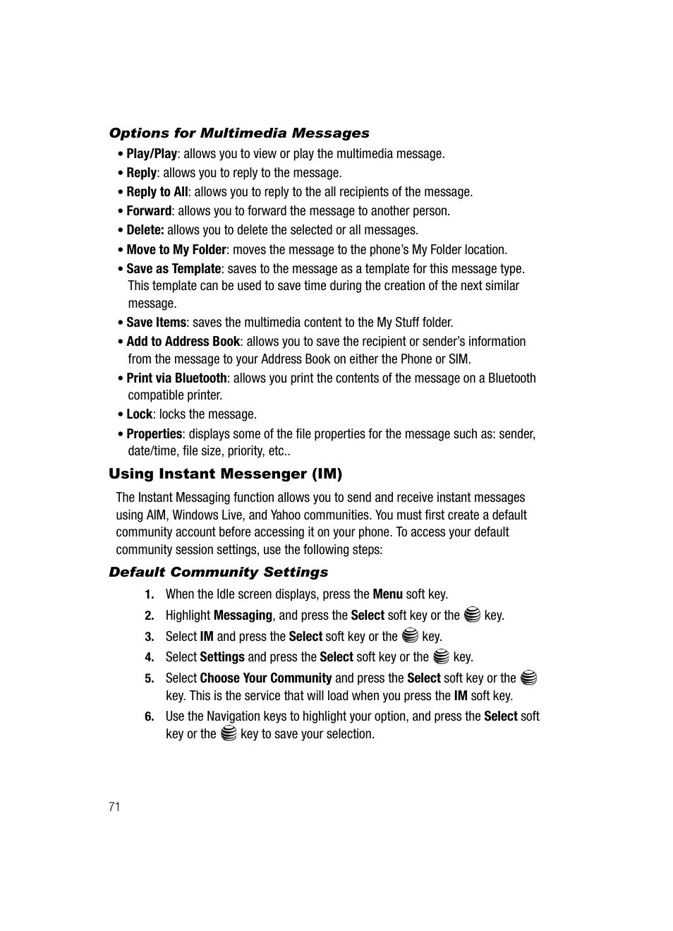Using instant messenger (im) | Samsung SGH-A717ZKAATT User Manual | Page 74 / 188