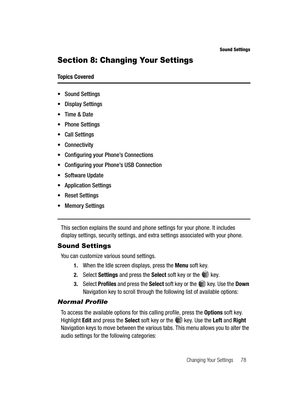 Section 8: changing your settings, Sound settings | Samsung SGH-A717ZKAATT User Manual | Page 81 / 188