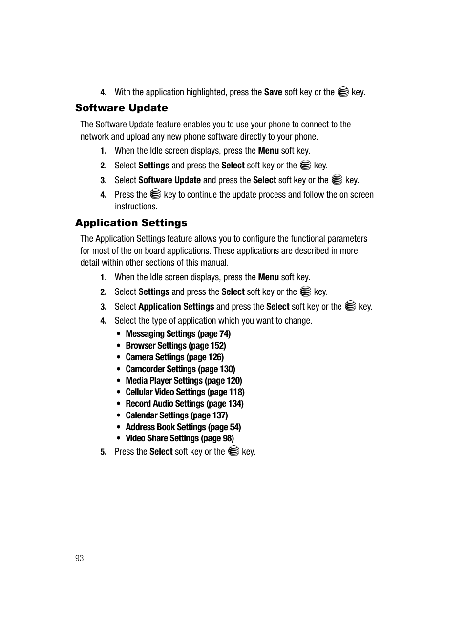 Software update application settings, Software update, Application settings | Samsung SGH-A717ZKAATT User Manual | Page 96 / 188
