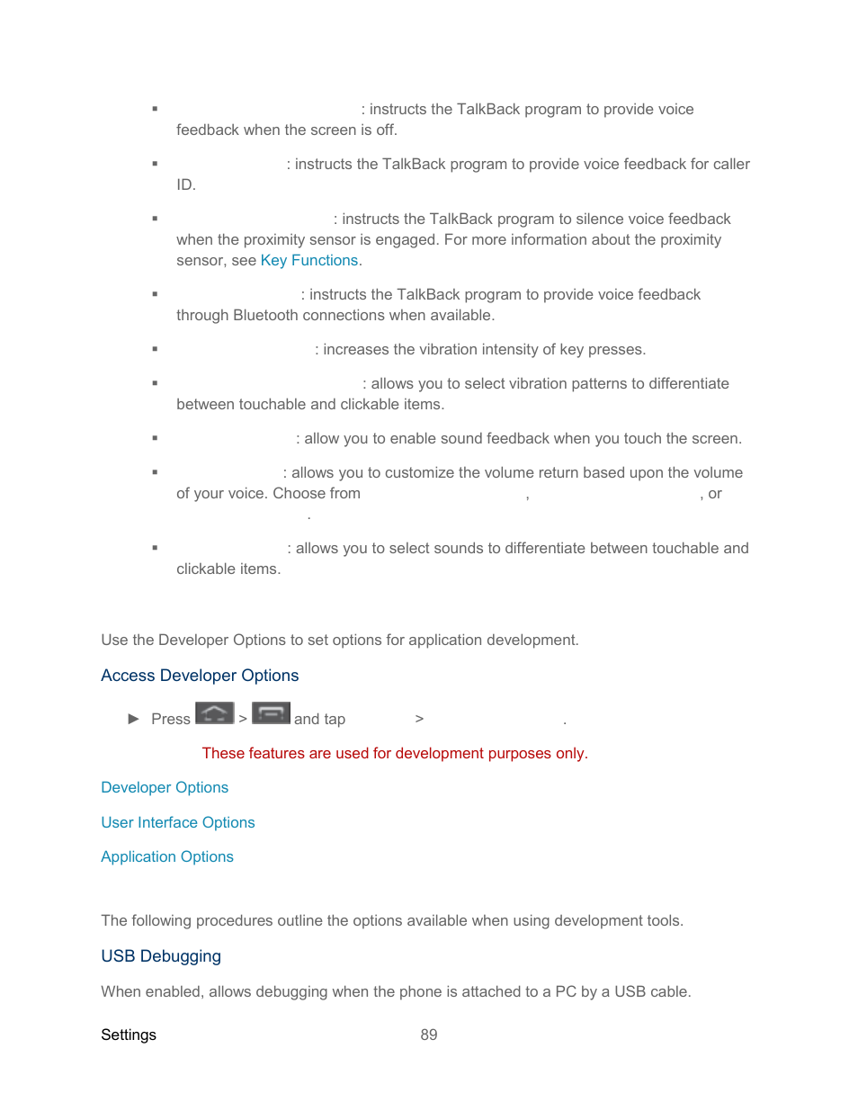 Developer options settings, Developer options, Settings | Samsung SPH-L300ZSASPR User Manual | Page 100 / 217