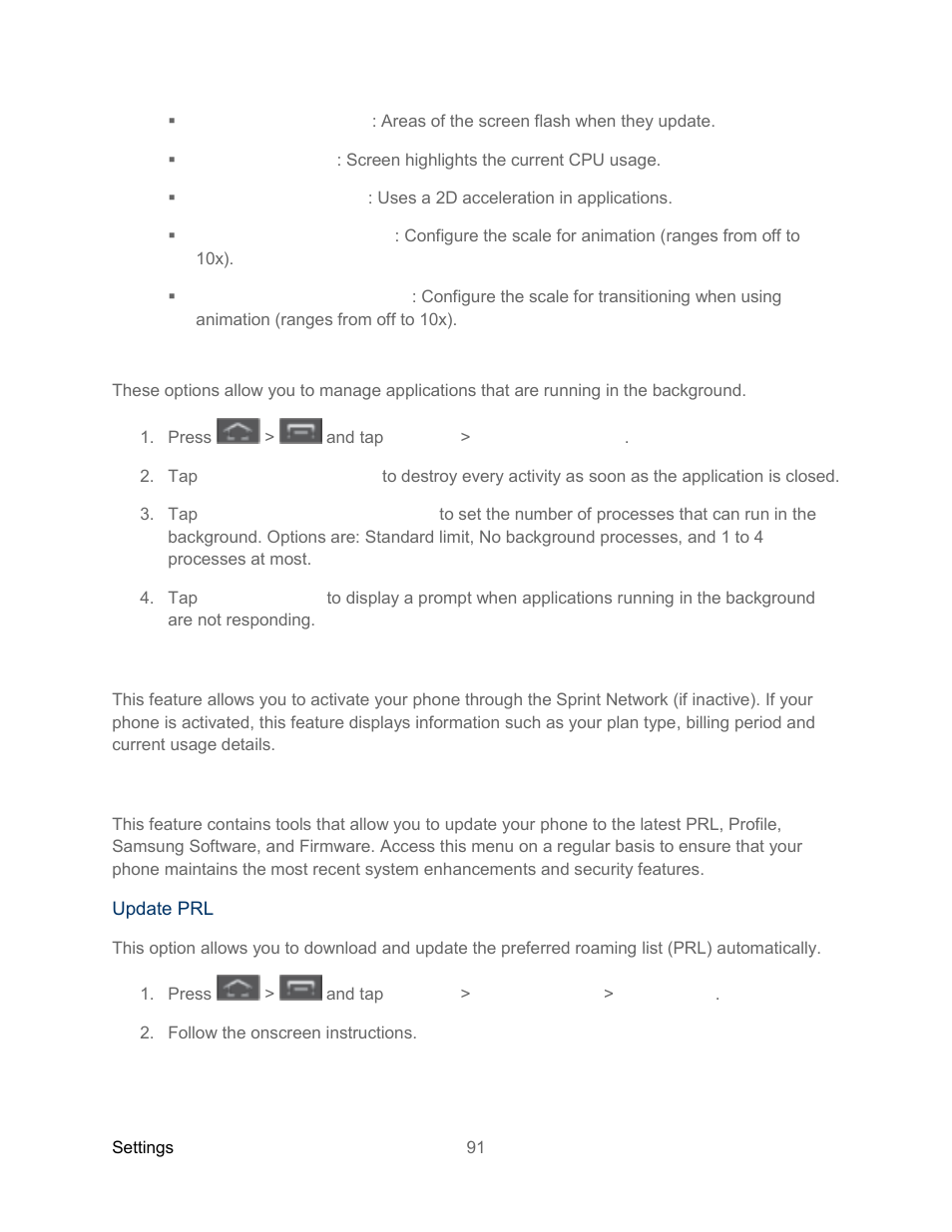 Application options, Activate this device, System update settings | Samsung SPH-L300ZSASPR User Manual | Page 102 / 217