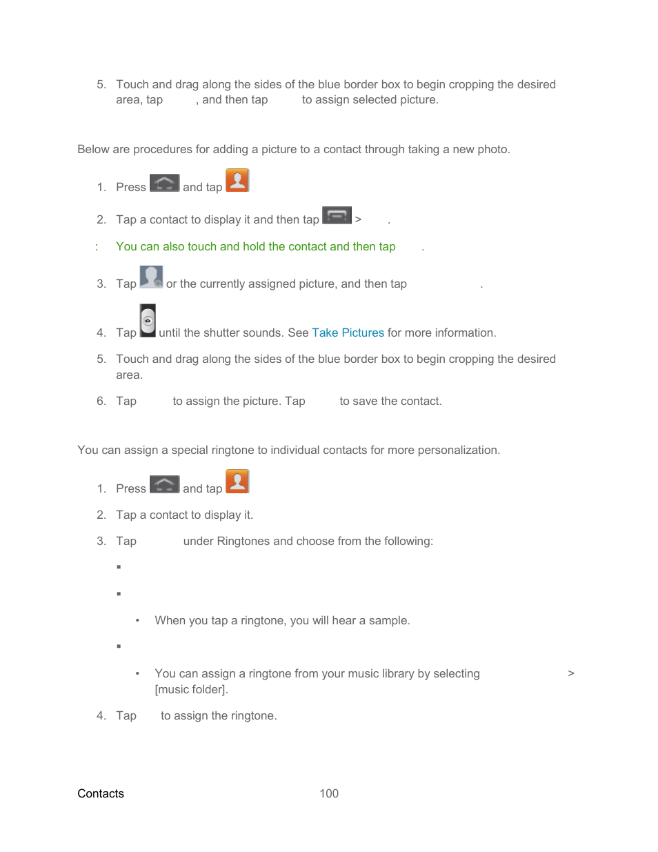 Assign a new picture to a contact, Assign a ringtone to a contact | Samsung SPH-L300ZSASPR User Manual | Page 111 / 217