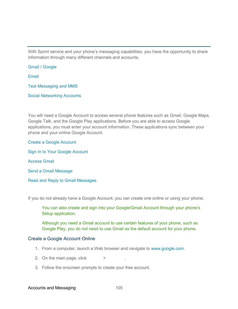 Accounts and messaging, Gmail / google, Create a google account | Samsung SPH-L300ZSASPR User Manual | Page 116 / 217
