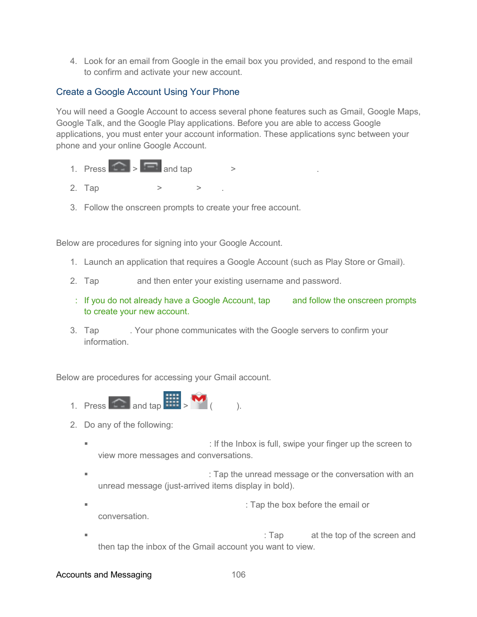 Sign in to your google account, Access gmail | Samsung SPH-L300ZSASPR User Manual | Page 117 / 217