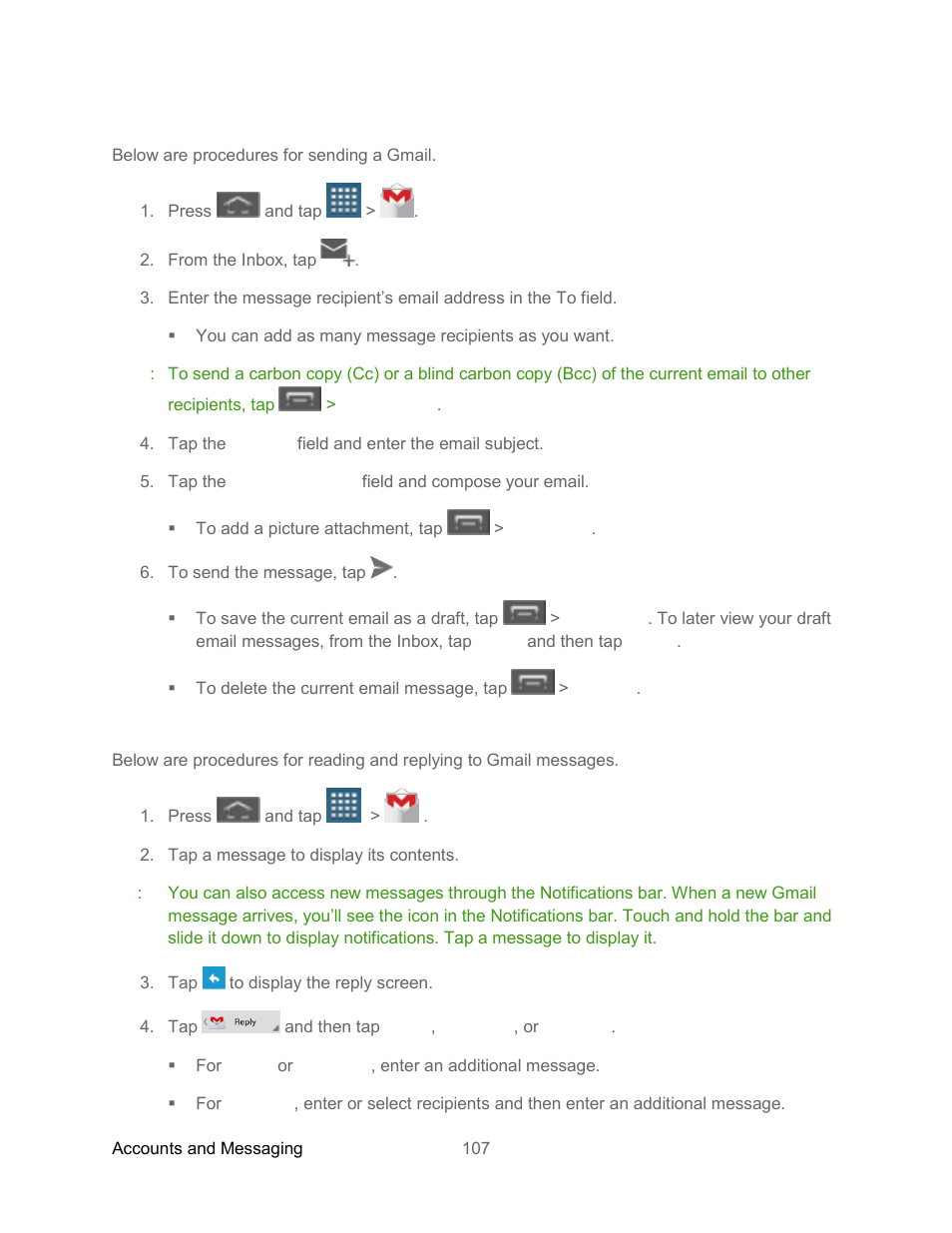 Send a gmail message, Read and reply to gmail messages | Samsung SPH-L300ZSASPR User Manual | Page 118 / 217