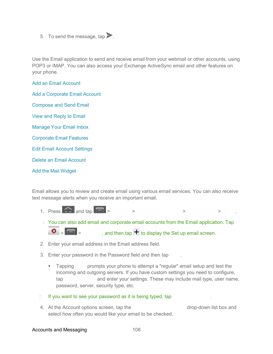 Email, Add an email account | Samsung SPH-L300ZSASPR User Manual | Page 119 / 217