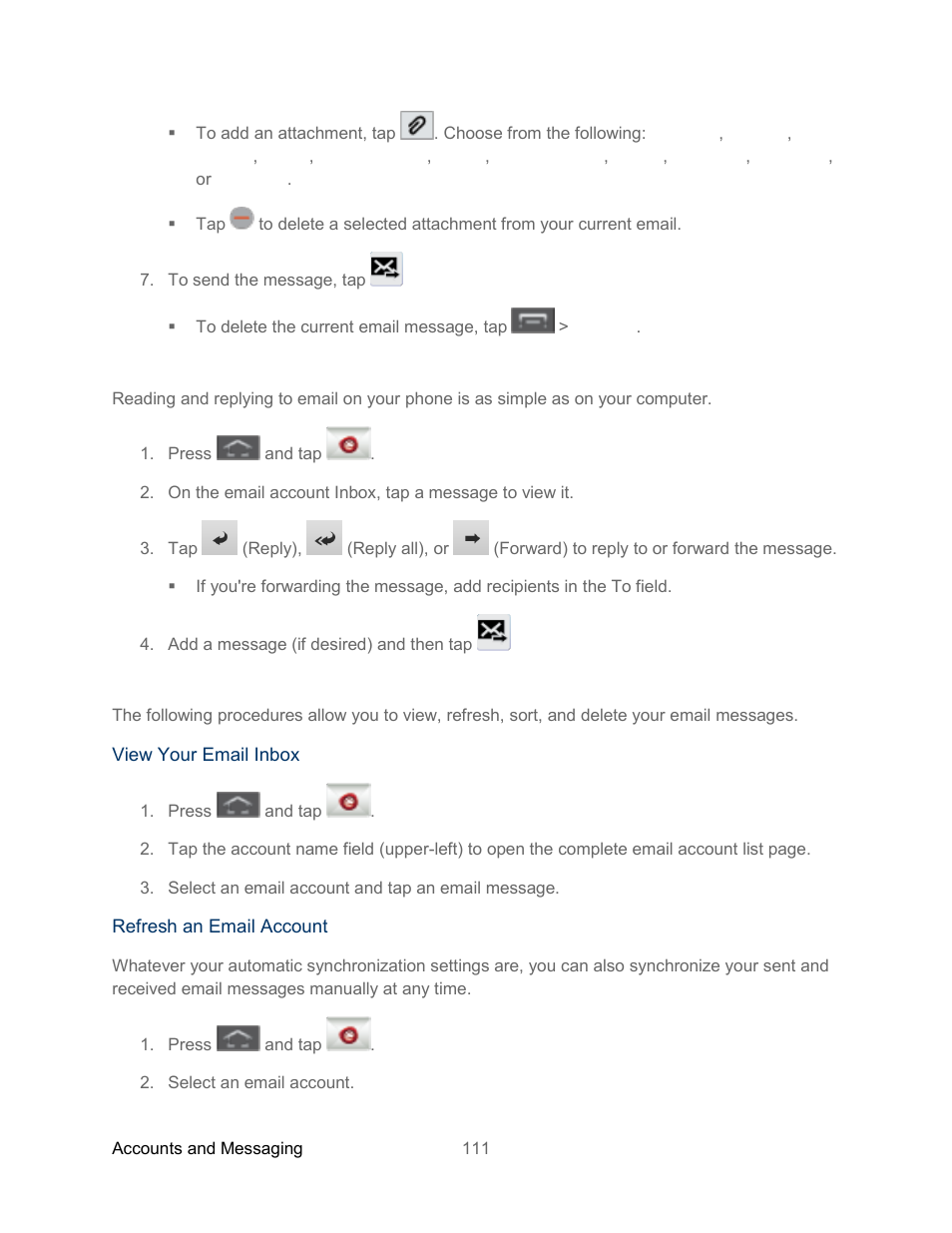 View and reply to email, Manage your email inbox | Samsung SPH-L300ZSASPR User Manual | Page 122 / 217