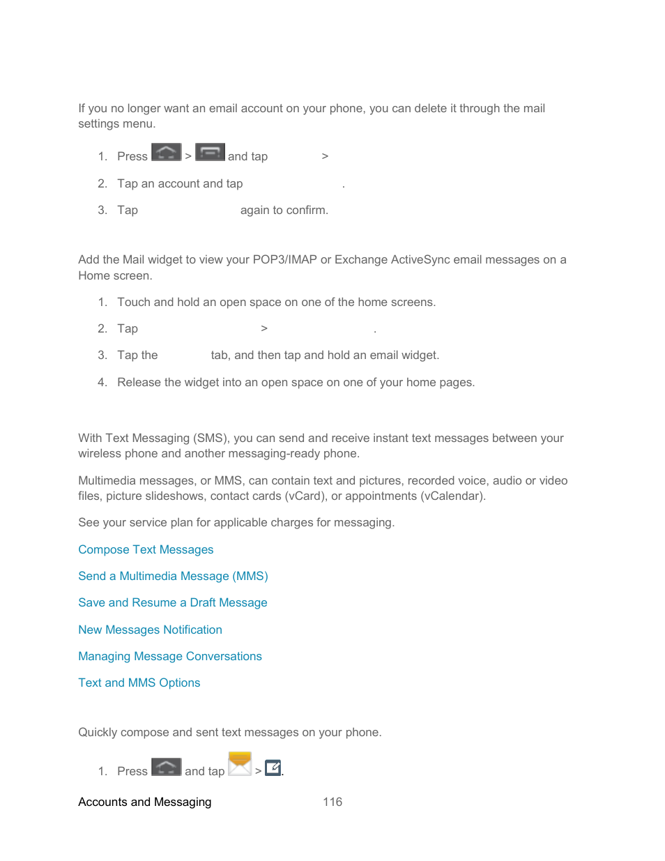 Delete an email account, Add the mail widget, Text messaging and mms | Compose text messages, Compose a new text message | Samsung SPH-L300ZSASPR User Manual | Page 127 / 217