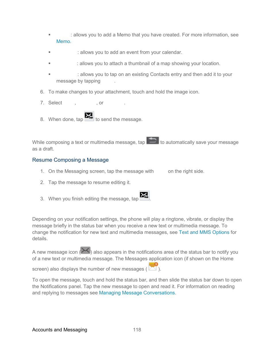 Save and resume a draft message, New messages notification | Samsung SPH-L300ZSASPR User Manual | Page 129 / 217