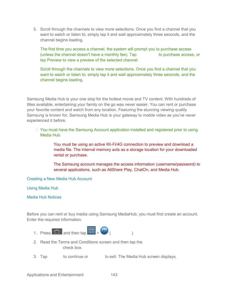 Media hub, Creating a new media hub account | Samsung SPH-L300ZSASPR User Manual | Page 154 / 217