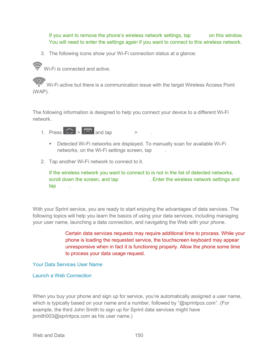 Connect to a different wi-fi network, Data services (sprint 3g), Your data services user name | Samsung SPH-L300ZSASPR User Manual | Page 161 / 217