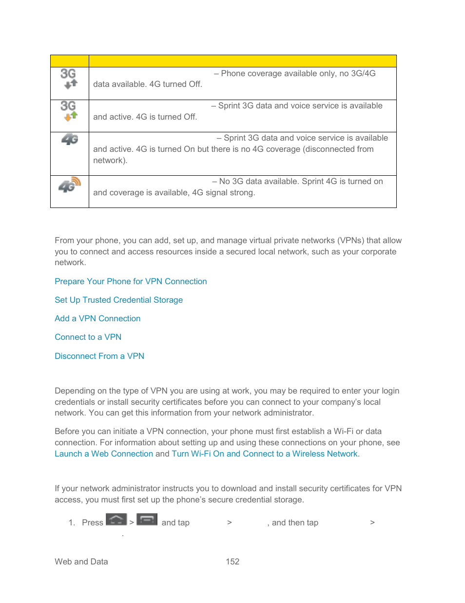 Virtual private networks (vpn), Prepare your phone for vpn connection, Set up trusted credential storage | Samsung SPH-L300ZSASPR User Manual | Page 163 / 217