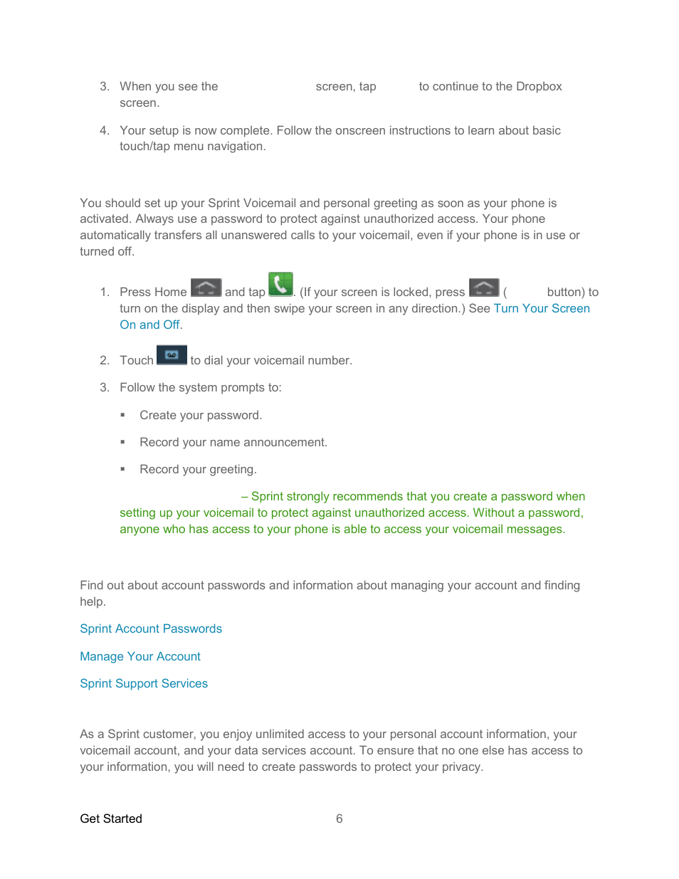 Set up voicemail, Sprint account information and help, Sprint account passwords | Samsung SPH-L300ZSASPR User Manual | Page 17 / 217