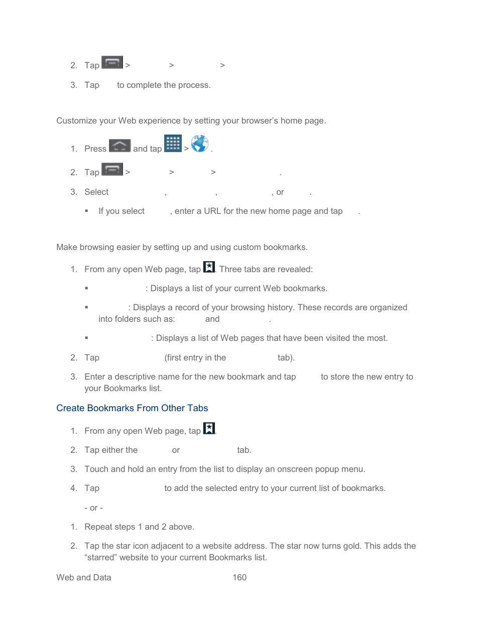 Create bookmarks, Set the browser home page | Samsung SPH-L300ZSASPR User Manual | Page 171 / 217