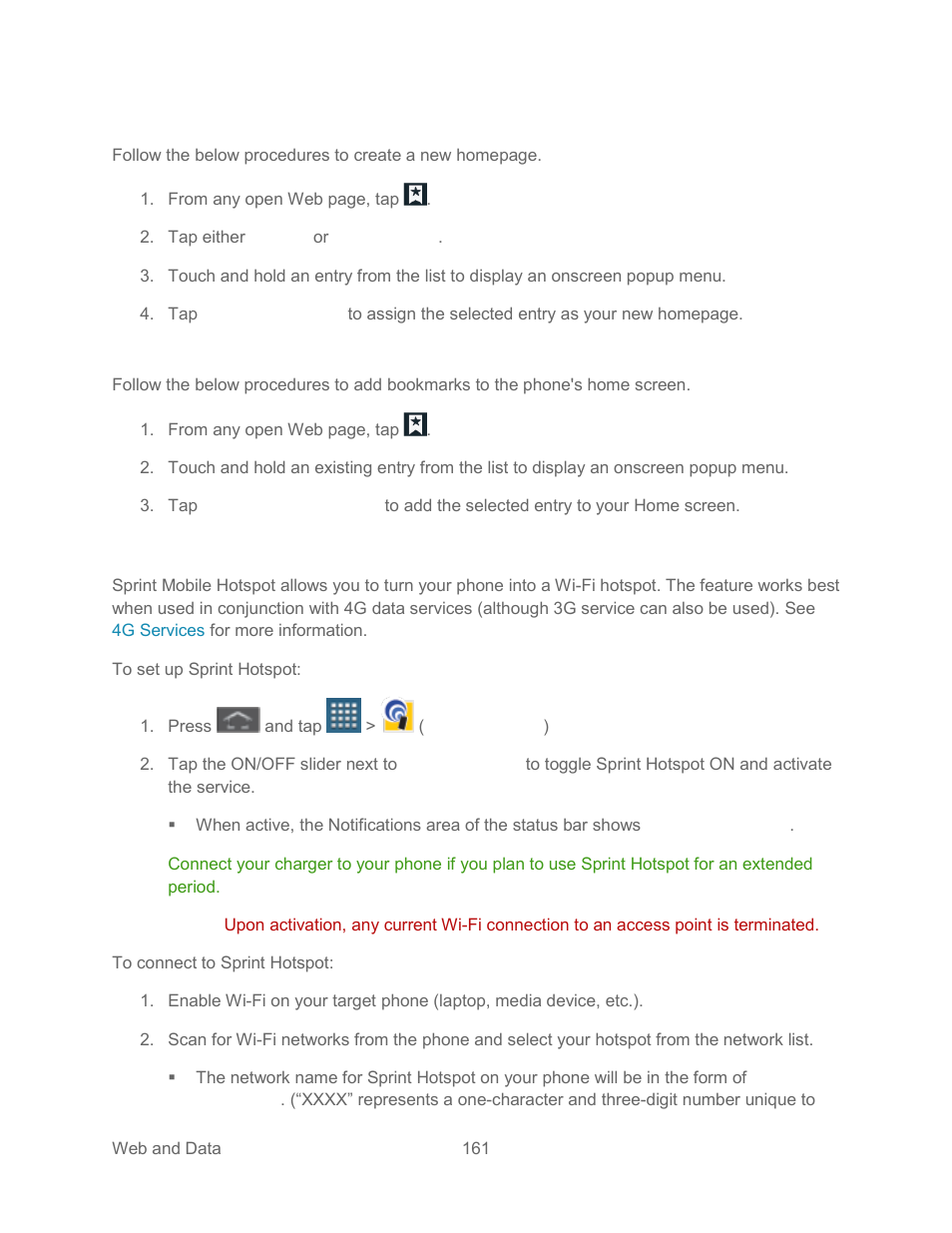 Add bookmarks to your home screen, Sprint hotspot, Create a new homepage | Samsung SPH-L300ZSASPR User Manual | Page 172 / 217