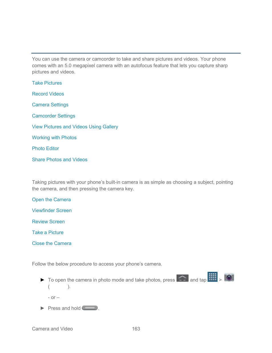 Camera and video, Take pictures, Open the camera | Samsung SPH-L300ZSASPR User Manual | Page 174 / 217