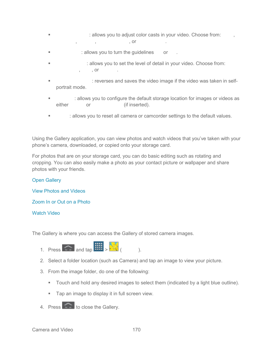 View pictures and videos using gallery, Open gallery | Samsung SPH-L300ZSASPR User Manual | Page 181 / 217