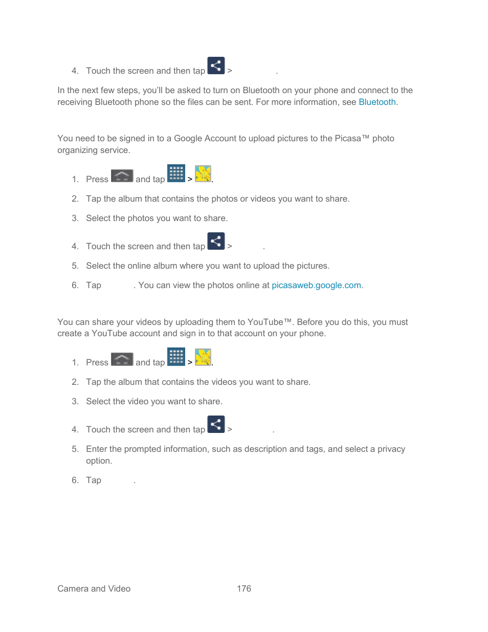 Share photos on picasa, Share videos on youtube | Samsung SPH-L300ZSASPR User Manual | Page 187 / 217