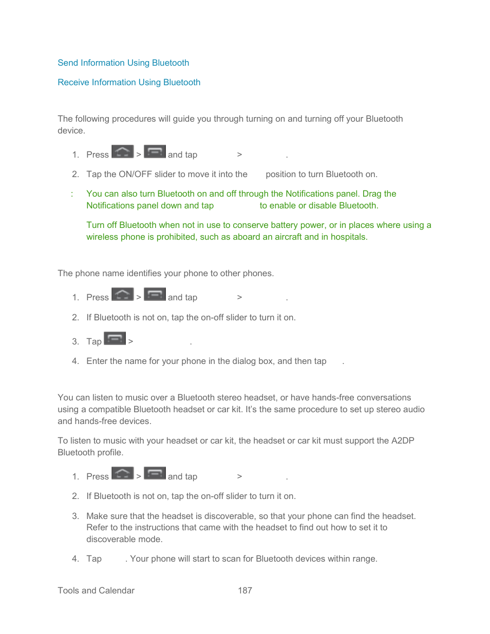 Turn bluetooth on or off, Change the phone name, Connect a bluetooth headset or car kit | The bluetooth settings, Menu | Samsung SPH-L300ZSASPR User Manual | Page 198 / 217