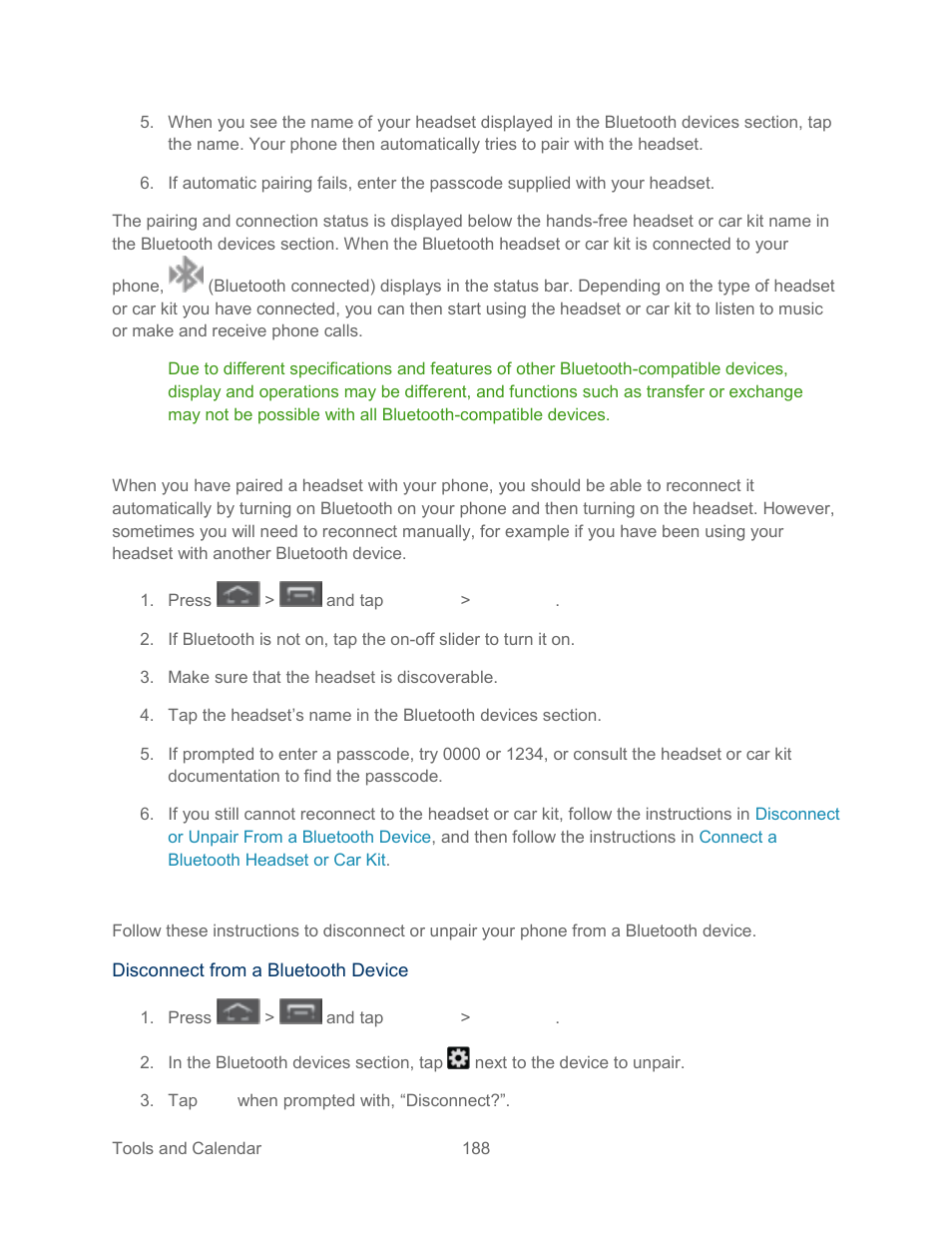 Reconnect a headset or car kit, Disconnect or unpair from a bluetooth device | Samsung SPH-L300ZSASPR User Manual | Page 199 / 217