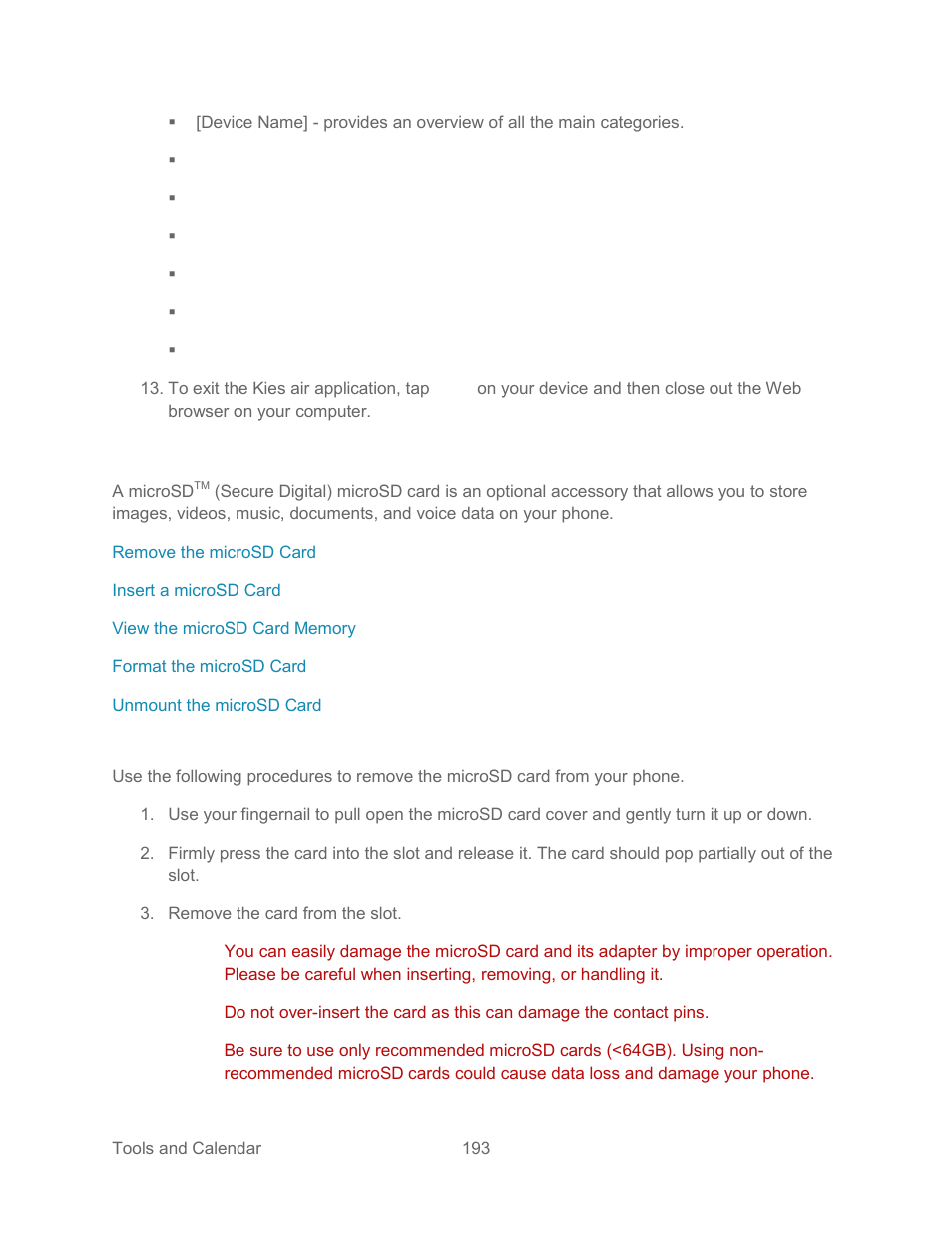 Microsd card, Remove the microsd card, Kies air | Samsung SPH-L300ZSASPR User Manual | Page 204 / 217