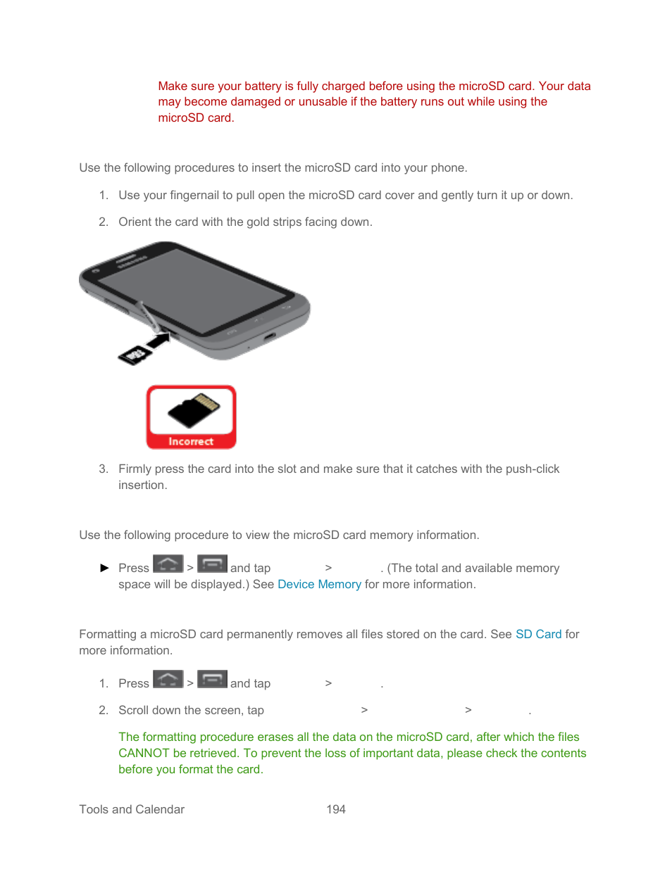 Insert a microsd card, View the microsd card memory, Format the microsd card | Samsung SPH-L300ZSASPR User Manual | Page 205 / 217