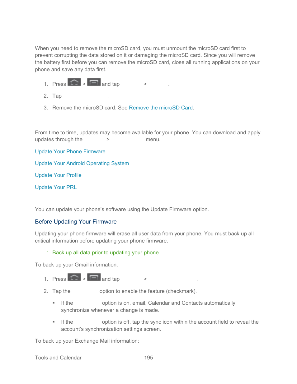 Unmount the microsd card, Update your phone, Update your phone firmware | Samsung SPH-L300ZSASPR User Manual | Page 206 / 217