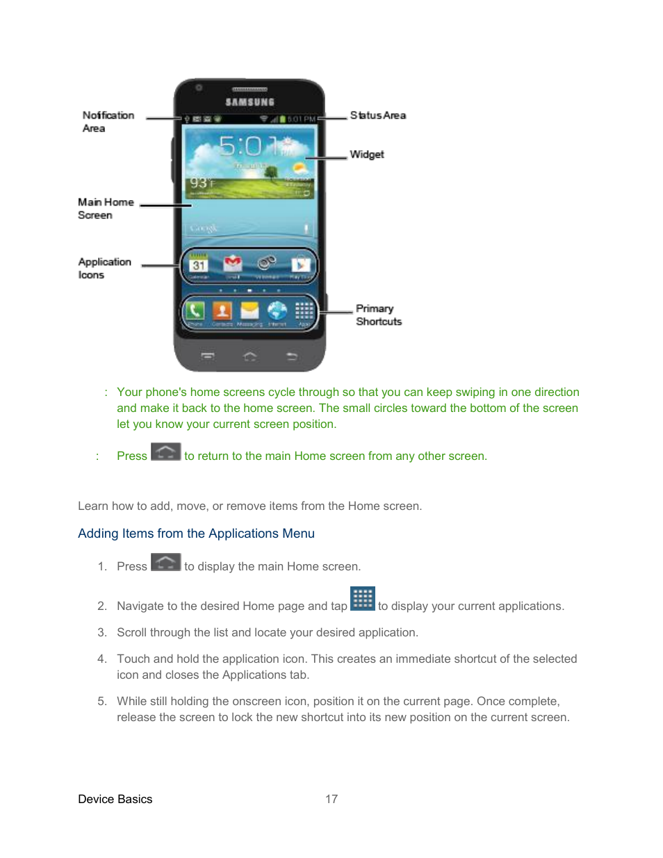 Creating shortcuts, Customize the home screen | Samsung SPH-L300ZSASPR User Manual | Page 28 / 217