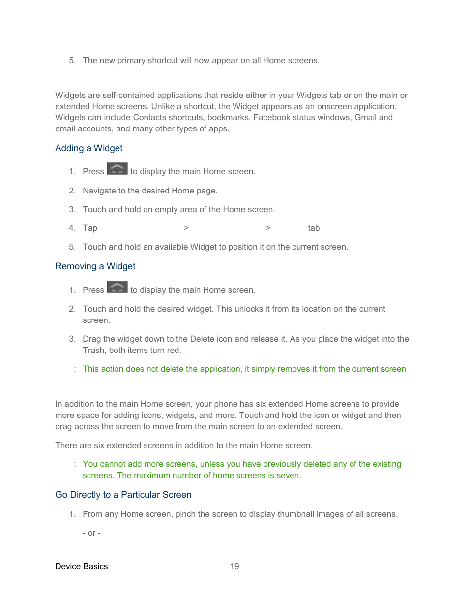 Adding and removing widgets, Extended home screens | Samsung SPH-L300ZSASPR User Manual | Page 30 / 217